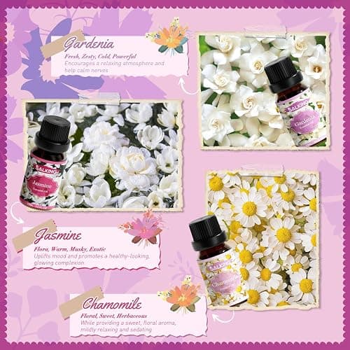 SALKING Floral Essential Oils Set, Premium Pure and Natural Essential Oils, Fragrance Oil Scented Oils for Oil Diffusers 6 x 10 ML - Lavender, Rose, Jasmine, Cherry Blossom, Gardenia, Chamomile thumbnail 4