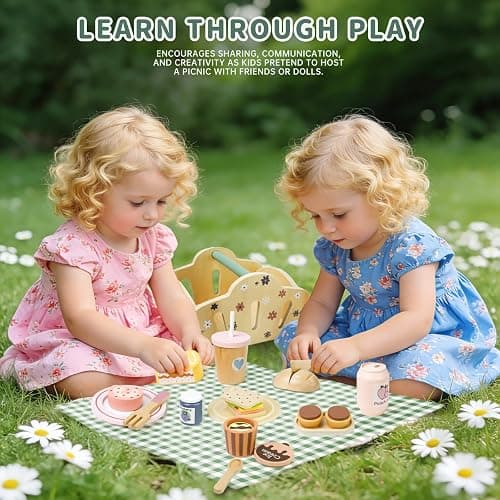Masonbaby Wooden Play Food for Kids Kitchen With Wooden Storage Basket,Toy Kitchen Accessories Pretend Play Toy Role Play Kitchen Accessories Educational Learning Toys Christmas & Birthday Gift thumbnail 2