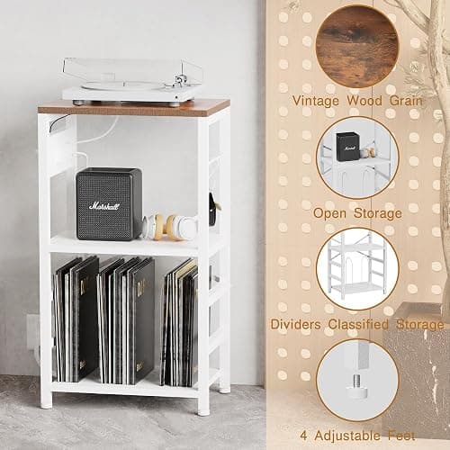 YAKANJ End Table with LED Light,Record Player Stand with Charging Station,Vinyl Records Storage,Turntable Stand Albums Storage for Music Room Studio-Industry White thumbnail 8