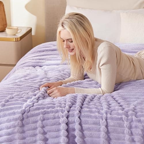 EXQ Home Fleece Throw Blanket for Couch or Bed - 3D Stripe Jacquard Decorative Blankets - Cozy Soft Lightweight Fuzzy Flannel Blanket Suitable for All Seasons(50"×60",Light Purple) | Cozy Soft, for Couch or Bed, Suitable for All Seasons, Lightweight, Fuzzy, Decorative Blankets thumbnail 4
