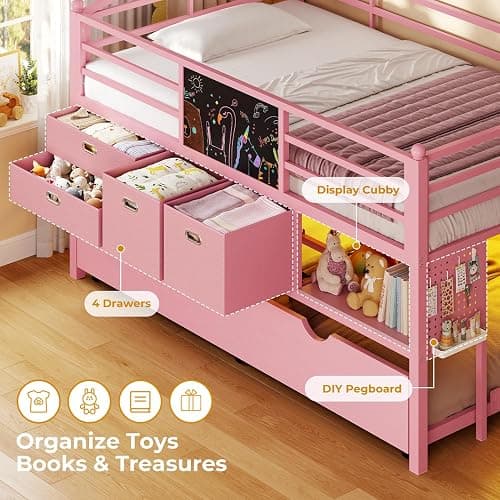 ADORNEVE Low Loft Bed Twin Size with Trundle & LED Lights, Kids Loft Bed with 4 Storage Drawers & Open Cubbies & DIY Pegboard, Twin Loft Bed with Safety Guardrail,Under-Bed Play Zone, Pink thumbnail 6