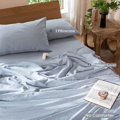 MooMee Bedding Duvet Cover Set 100% Washed Cotton Linen Like Textured Breathable Durable Soft Comfy (Heathered Cornflower Blue, Twin 68"x90") thumbnail 2
