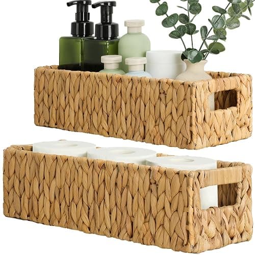 Graciadeco Nesting Small Wicker Basket, Water Hyacinth Toilet Paper Baskets Bathroom Organizer Woven Long Narrow Baskets for Organizing Pantry Bathroom Toilet Tank, 2 Pack - Image 1