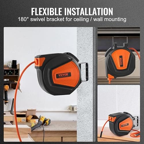 VEVOR Retractable Air Hose Reel, 3/8IN x 50FT Hybrid Air Hose Max 300PSI, Air Compressor Hose Reel with 5 ft Lead in, Ceiling/Wall Mount Enclosed Air Reel, 180° Swivel Mount thumbnail 7