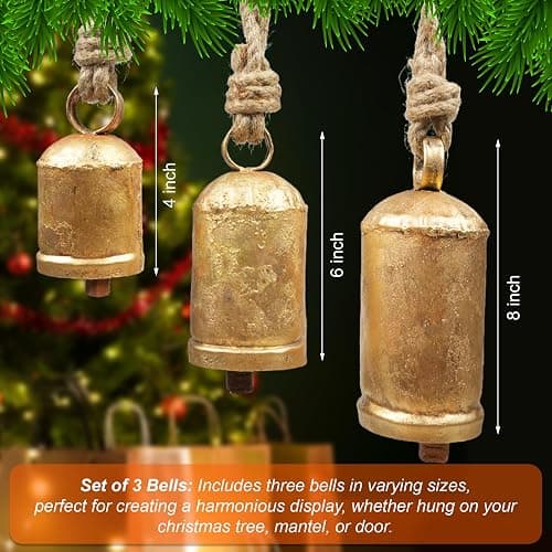 Set of 3 Giant Harmony Rustic Gold Christmas Bells for Decoration - Perfect for Cow Bell, Door Hanging, Staircase, Wall (Large) thumbnail 3