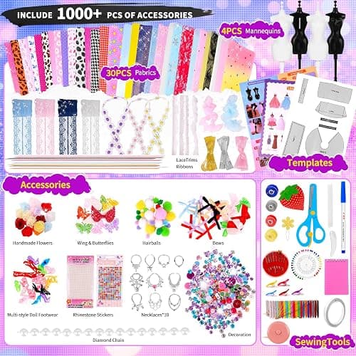 1000+ PCS Fashion Designer Kits for Girls, Kids Sewing Kit with 4 Mannequins, DIY Doll Clothes Dress Making Kit, Arts and Craft Kits for Kids Teen Girls Birthday Gift Present Age 6 7 8 9 10 11 12+ thumbnail 5