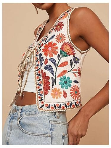 MakeMeChic Women's Floral V Neck Tank Top Sleeveless Tie Front Boho Vest thumbnail 2