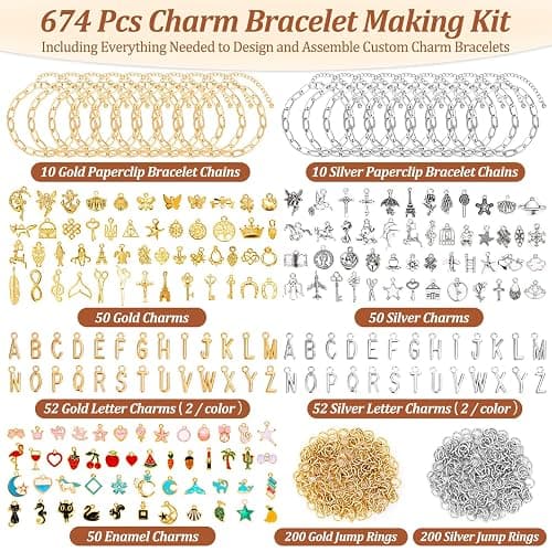 Mckanti 674 Pieces Charm Bracelet Making Kit, Including Paperclip Chain Bracelets, Charms, Jump Rings for DIY Bracelet Making(Gold & Silver) thumbnail 2