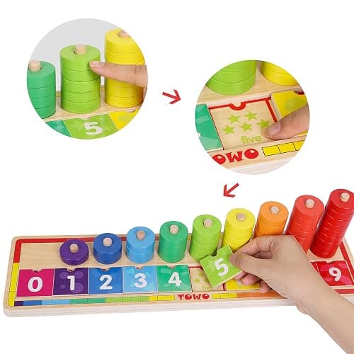 TOWO Wooden Stacking Rings and Counting Games with 45 Rings Number Blocks- Counting Ring Stacker-Wooden Sorting Counting Toy for 3 Years Old Kids Maths Learning Montessori Materials thumbnail 4