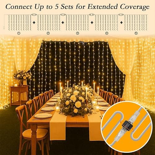 Soagrc 300 LED Warm White Curtain String Lights 9.8x9.8FT, Plug in Fairy Lights with 9 Hooks, Dimmable, Timer & 8 Modes, IP44 Waterproof, Bedroom Wall Wedding Backdrop Christmas Indoor Outdoor Decor thumbnail 7