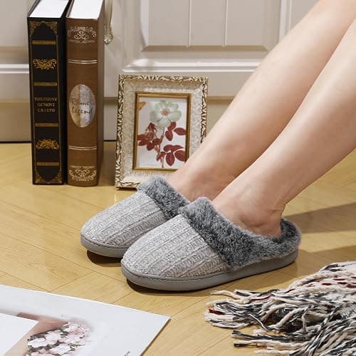 shoeslocker Womens Memory Foam Fuzzy Slippers Knitted House Slippers for Women Comfy Slip-On Warm House Shoes thumbnail 2