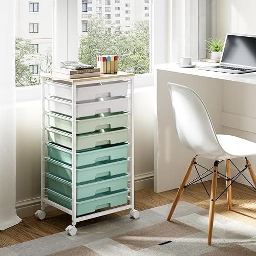 Storage Cart with 8 Drawers, Utility Cart with White Drawers and Wooden Tabletop, Craft Cart, Teacher Organization for Classroom, Storage Furniture, Office Organization, Green thumbnail 7