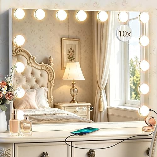 Ratsamee Hollywood Vanity Mirror with Lights, 23" x 18", 15 Dimmable Bulbs, 3 Color Lights, Make Up Lighted Mirror, USB Charging Port, Gifts for Women Wife Teengirls White thumbnail 8