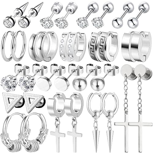17 Pairs Earrings for Men, Stainless Steel Earrings For Men Sensitive Skin, Fashion Earring Piercing Jewelry Cross Dangle Hoop Earrings Kit Studs Long-lasting Shine - Image 1