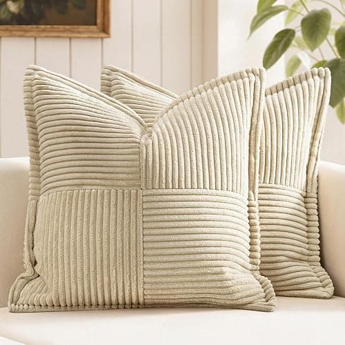 MIULEE Decorative Throw Pillow Covers for Couch Bed Livingroom 18x18 Inch Set of 2 Cream Boho Accent Throw Pllows Broadside Striped Patchwork Soft Corduroy Pillowcases - Image 1