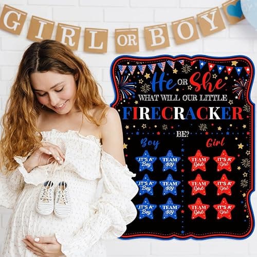 4th of July Patriotic Gender Reveal Poster Sign Party Supplies Decorations with 72 Pcs He or She Stars Firecracker Gender Reveal Sticker Labels for Summer Baby Shower Gender Reveal Decorations thumbnail 5