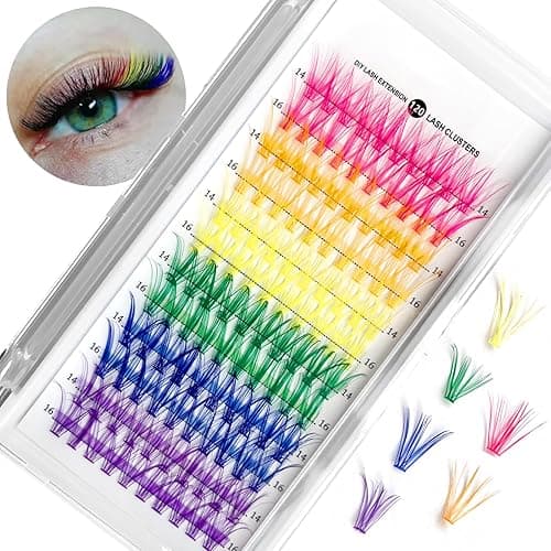 MUIIGOOD Colored Lash Extension Kit 120 Pcs DIY Lash Clusters Individual 14mm 16mm Mixed 6 Colors Soft False D Curl Eyelashes Rainbow Colorful Cluster Lashes Reusable Fluffy Lash for Women Girls - Image 1
