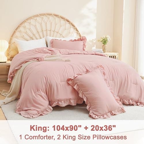 Litanika Full Size Comforter Sets, 3 Pieces Blush Pink Ruffle Girls Women Cute Bedding Comforters & Sets, Lightweight Fluffy Microfiber as Gift (79x90In Comforter & 2 Pillowcases) thumbnail 7
