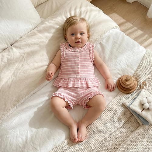 WZTYYDS Toddler Baby Girl Summer Outfit Tank Tops Ruffle Shorts Set | Waffle Knit, Striped, Sleeveless Button Down Shirt, Sweet 2 Pieces Clothes, 6M, 12M, 18M, 24M, 2T, 3T, 4T, Little Kids, Soft thumbnail 4