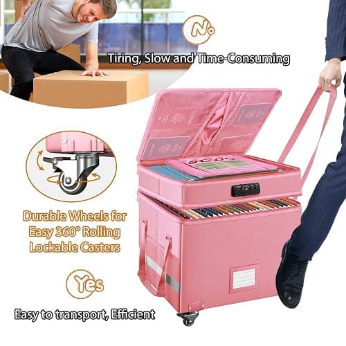 DocSafe File Box with Lock,2-Layer Fireproof Document Box with Wheels,Collapsible Rolling File Storage Organizer with Pockets,Large Portable Home Office Filing Cabinet Safe for Hanging Folders,Pink thumbnail 7