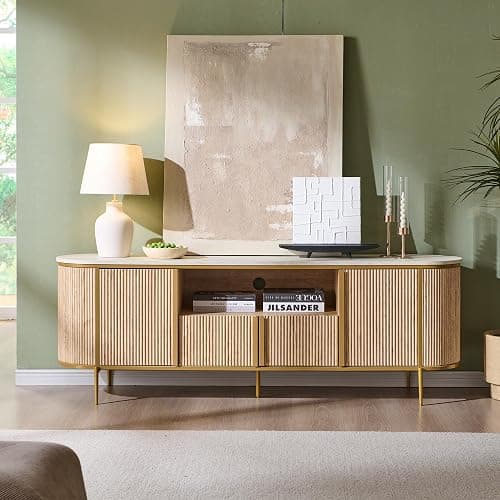 OKD Luxury 70" Fluted TV Stand, Modern Chic Entertainment Center for TVs Up to 80 inches, TV Console with Faux Marble Top, Curved Profile Design, Media Console for Living Room, Natural Oak - Image 1