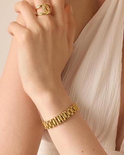 PAVOI 14K Gold Plated Chunky Watch Strap Chain Bracelet for Women | Waterproof Two Toned Mixed Metals Stainless Steel Timepiece Link Bracelet thumbnail 3