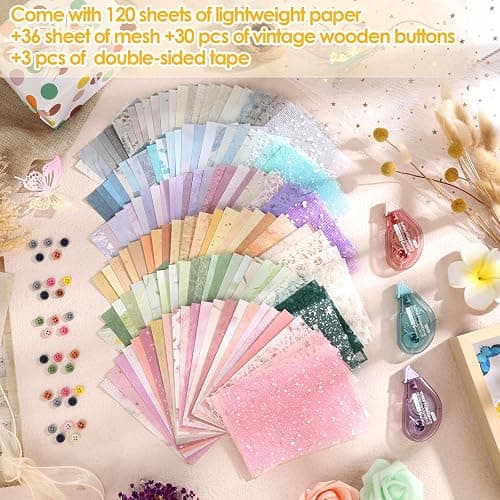 156 Sheets Textured Scrapbook Paper and Mesh Fabric Assorted Set, Sublaga 6 Pack Mixed Special Paper for Scrapbooking Planner Bullet Junk Journal Supplies 5.5x4 Inch thumbnail 4
