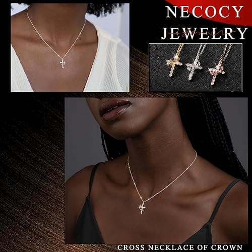 NECOCY Christmas Gift Crown Cross Necklaces for Women Non Tarnish Dainty 14K Gold/Silver/Rosegold Plated CZ Pendant Necklace for Women Trendy Simple Cross Charm Jewelry for Women thumbnail 4