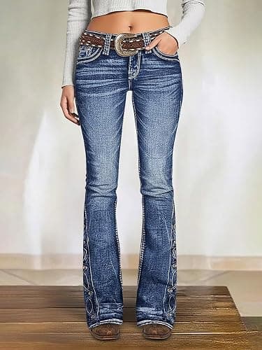 Flamingals Women's Buttoned Hem Bootcut Jeans Without Belt Mid Waist Casual Pants Navy Blue thumbnail 5