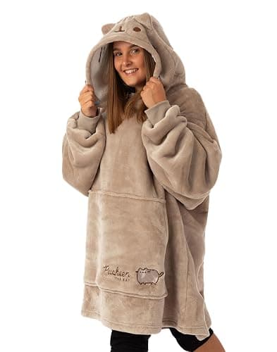 Pusheen Womens Wearable Hooded Blanket | Ladies Embroidered Cat Fleece Hoodie in Brown | Cozy Pullover Loungewear - Image 1