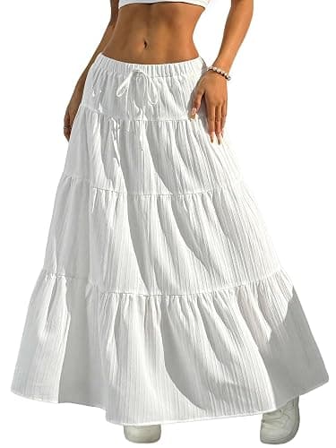 DERAX Women's Boho Flowy White Maxi Skirt Flared Ruffle Elastic Waist Summer A Line Long Skirts - Image 1