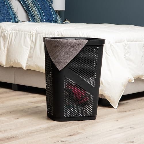 Mind Reader Slim Laundry Hamper with Lid, 60L Clothes Basket, Ventilated Plastic, Black thumbnail 2