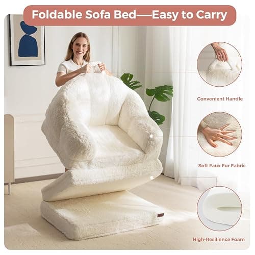 MAXYOYO Folding Sofa Bed, 2 in 1 Convertible Sofa to Lounger Comfy Single Bean Bag Chair for Adults, Floor Sleeper Couch with Handle, Faux Fur Couch Bed for Living Room Bedroom, Beige thumbnail 7