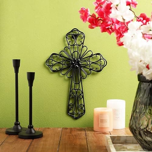 RELY+ Black Wall Cross 14X10 Inch Living Room Décor Outdoor Crucifix Wall Décor Metal Wall Art Decorative Hanging Iron Wrought Wall Décor Crosses for Rustic Indoor Home Valentine's Day Decorations thumbnail 7