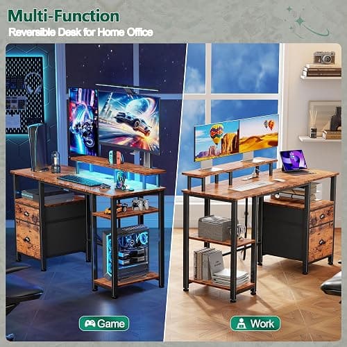 Furologee 51" Computer Desk with Power Outlet and LED Lights, Reversible Home Office Desk with File Cabinet & Monitor Stand, Large Gaming Table with Storage Shelves & Drawer, Rustic Brown thumbnail 4