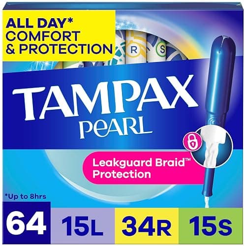 Tampax Pearl Tampons Tampons with Leak-Proof Braid, Lightweight/Regular/Super Absorbent, Unscented (Pack of 64) - Image 1