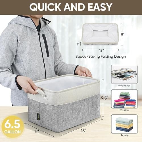 BALEINE 3 Pack Fabric Storage Bins for Shelves, Linen Storage Baskets for Organizing, Decorative Closet Bins for Clothes, Home (Grey, 15"x11"x9.5") thumbnail 4