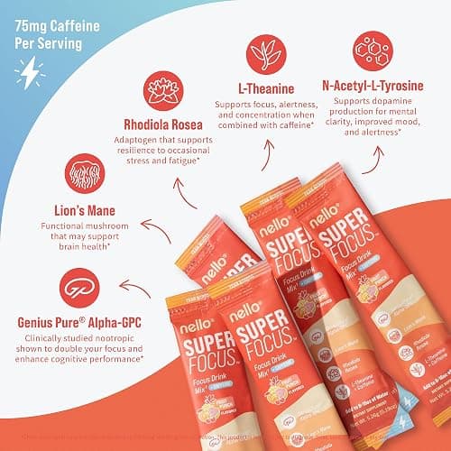 Nello Superfocus – Nootropic Focus Drink Mix for Productivity, Caffeine, L-Theanine, Rhodiola Rosea, Alpha-GPC, Lion’s Mane, Tyrosine, Sugar-Free Packets - With Caffeine (Pack of 20) (20 Servings (Caffeine), Fruit Punch) thumbnail 6