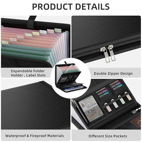 Huolewa Fireproof Accordion File Organizer, Portable Expanding File Folder with Waterproof Zipper&Labels, Black Document Organizer with 13 Pockets, File Organizer for Important Document/Paper Storage thumbnail 6