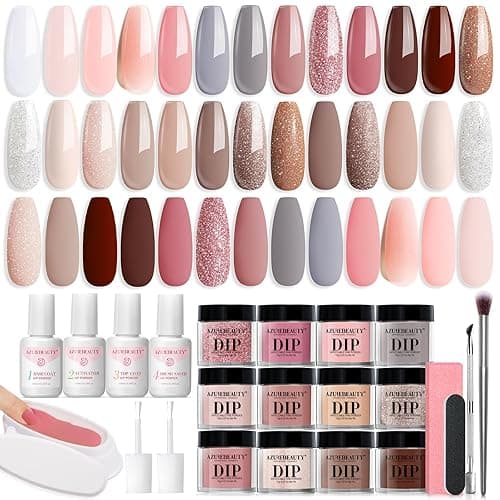 AZUREBEAUTY 31 Pcs Dip Powder Nail Kit 20 Colors Glitter Nude Brown Pink White Gray Dip Powder Liquid Set with Top/Base Coat Activator for French Nails Art Manicure DIY Salon Women Valentine's Gift - Apricot Glitter Nude Pink