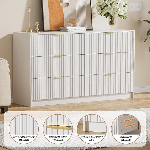 Furniway White Dresser for Bedroom, Modern Dresser with 6 Drawers and Smooth Slides, Wide Chest of Drawers with Golden Handles for Bedroom, Living Room, Closet, 15.7" D x 55.1" W x 31.4" H thumbnail 3