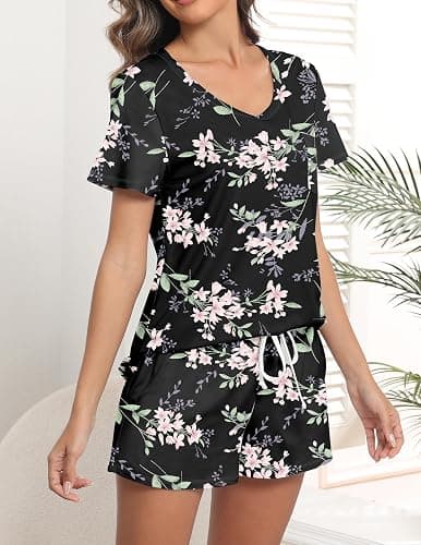 Ekouaer Women's Pajamas Sets Short Sleeve Lounge Sets Sleepwear Casual Two Piece Pjs With Pockets thumbnail 3