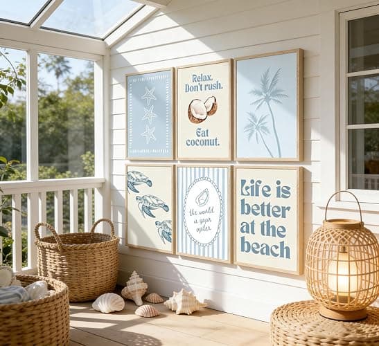 6Pcs Coastal Beach Poster Wall Art,Blue Preppy Beach Painting Picture Wall Decor,Sea Turtle Starfish Palm Tree Canvas Print Artwork for Bathroom,Bedroom,Living Room,Beach House Home Decor Unframed thumbnail 7