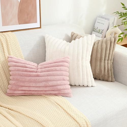 decorUhome Faux Fur Christmas Throw Pillow Covers 12x20 Set of 2, Decorative Soft Plush Striped Lumbar Neutral Couch Euro Pillow Covers with Velvet Back for Sofa, Bed, Living Room Home Decor, Pink thumbnail 6
