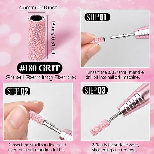 SALVMARY Sanding Bands for Nail Drill with 3.1MM Mandrel Bit Set, 180 Fine Grit Small Nail Files Sanding Band for Acrylic Nails Gel Manicure and Pedicure 50 Pcs, Pink thumbnail 5