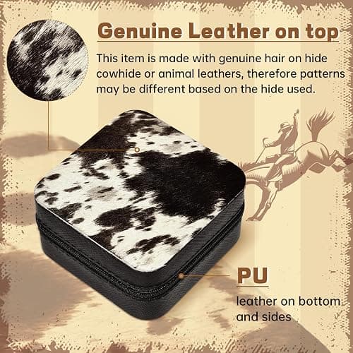DEEKA Western Jewelry Box Case Real Leather Cow Print Cowhide Tooled Travel Jewelry Organizer Gifts Christmas Gifts for Women Country Girls Cowgirl Stuff Portable Travel Accessories -Black thumbnail 3