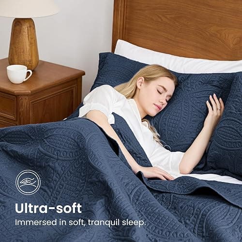 Love's cabin Oversized King Size Quilt Bedding Set Navy Bedspreads - Oversized King Lightweight Bedspread Comforter - Coin Pattern Coverlet for All Season - 3 Pieces (1 Quilt, 2 Pillow Shams) thumbnail 5