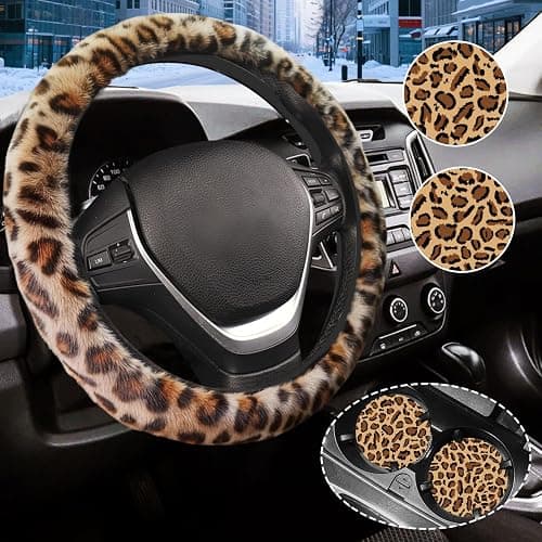 Brown Leopard Print Fuzzy Steering Wheel Cover for Women, Universal Auto Steering Wheel 14-15 Inch Soft Warm Car Interior Accessories with 2PCS Car Coasters, Suitable for Men and Women - Image 1