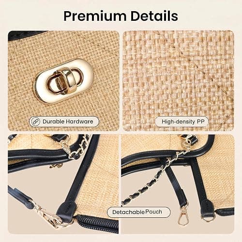 Eiyye Woven Tote Bag for Women Raffia-Style Shoulder Purse Summer Bag | Raffia-style woven look large tote matching pouch black trim thumbnail 7