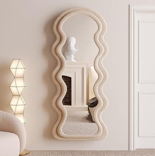 BOJOY 63"x24" Irregular Wavy Mirror, Wall Mount, Modern Bedroom Mirror, Milk Tea Color thumbnail 4